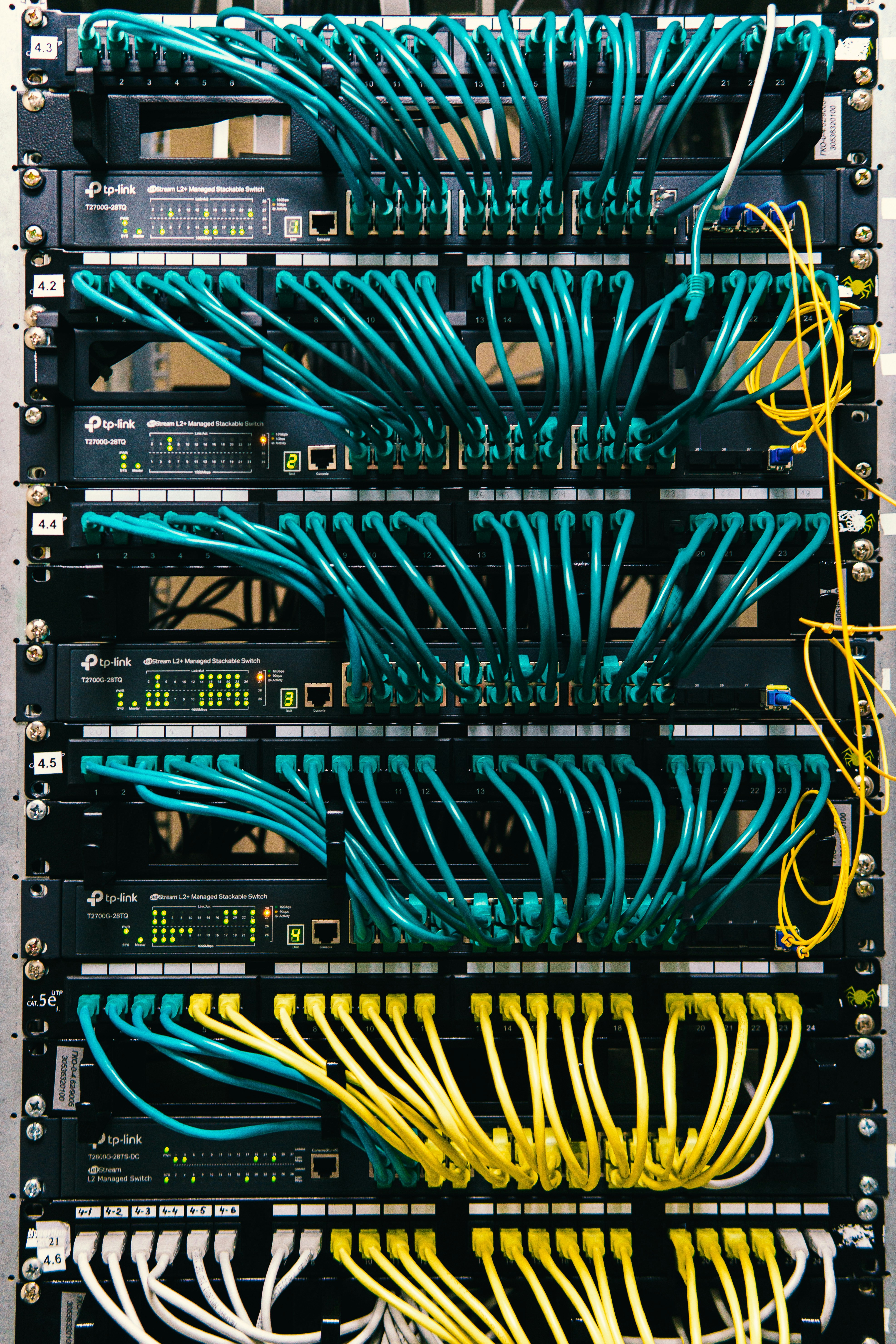 Close-up of a patch panel and network cables